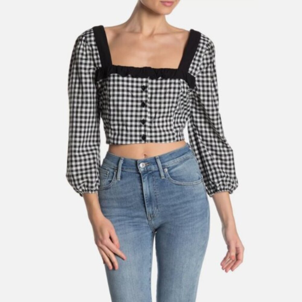 BCBGeneration Crop Top Ruffled Gingham Black White Blouse Top Shirt Sz M NWT - Picture 1 of 12